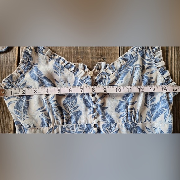 Womens Palm Print Midi Dress Medium Blue White Tropical Leaf Button Up Vacation - Picture 12 of 14